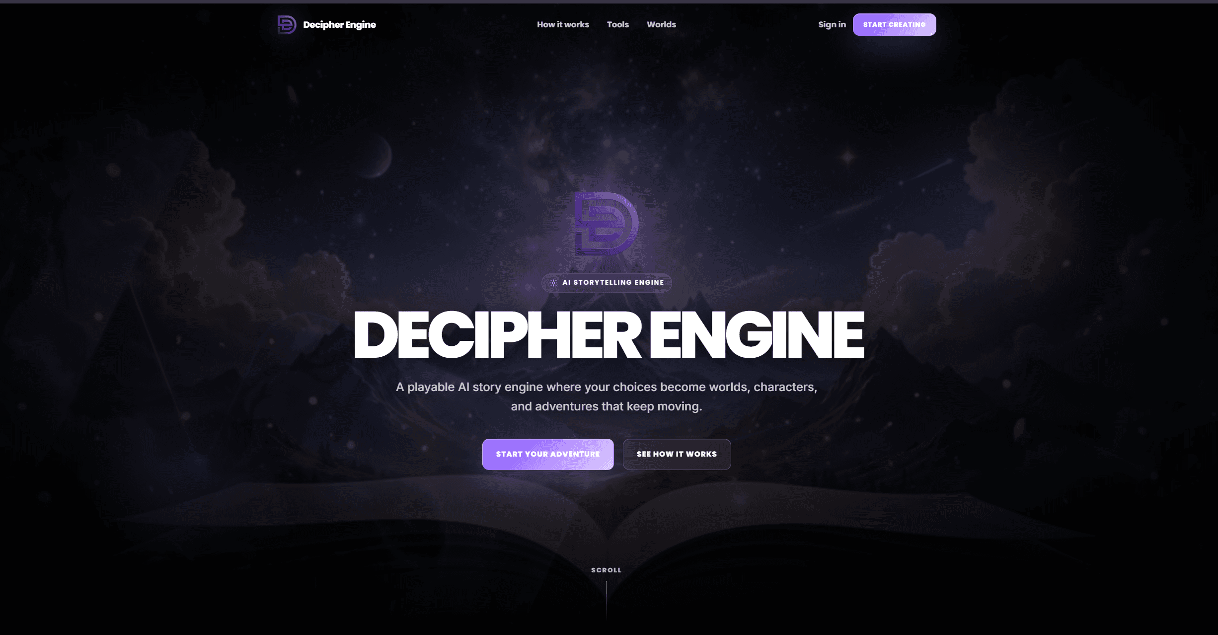 The decipherengine.ai homepage: the Decipher Engine logo above a glowing open book, with the tagline 'A playable AI story engine where your choices become worlds, characters, and adventures that keep moving.'