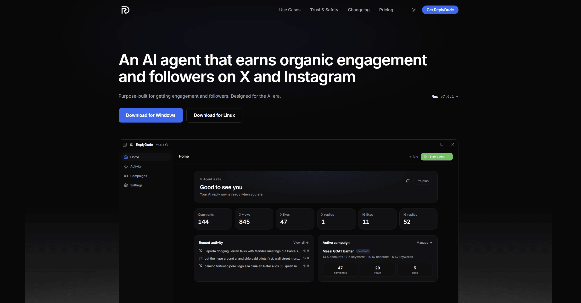 The replydude.ai homepage: the headline 'An AI agent that earns organic engagement and followers on X and Instagram', Windows and Linux download buttons, and a preview of the app dashboard.