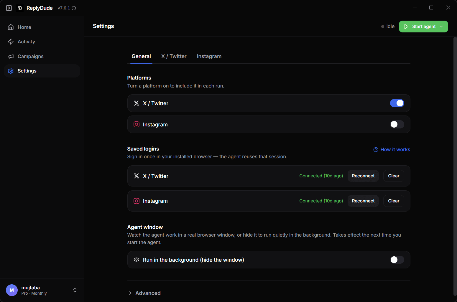 Settings: platform toggles for X and Instagram, saved browser logins with reconnect controls, and the option to run the agent window hidden in the background.